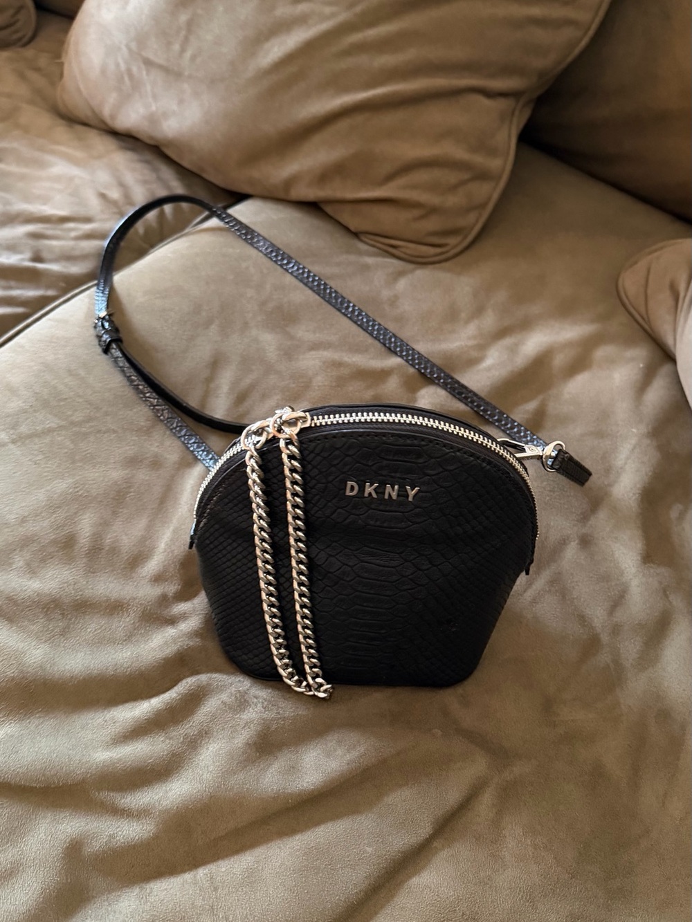 DKNY Black Textured Crossbody with Silver Chain Accent